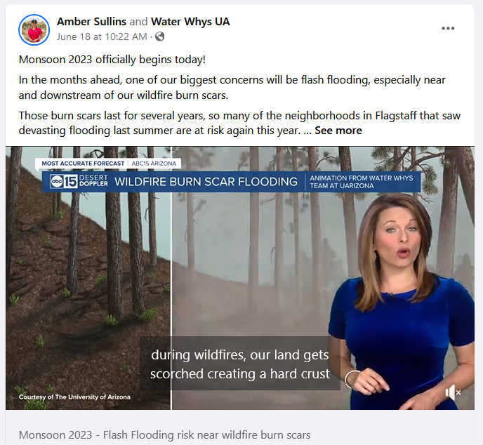 Screenshot of a Facebook post from Meteorologist Amber Sullins where she stands is standing in front of the flash floods after wildfires animation